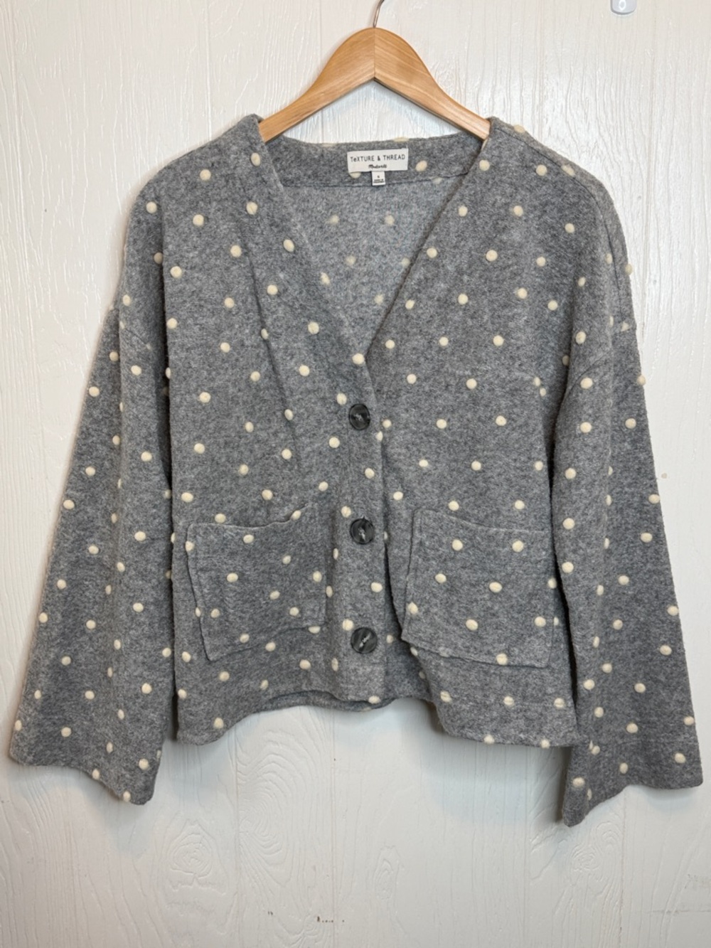 Madewell Texture & Thread Gray Cardigan with Cream Polka Dots S